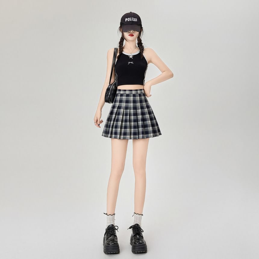 High Rise Plaid Pleated Mini A-Line Skirt