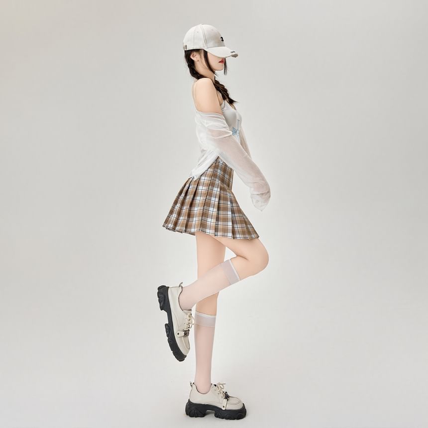 High Rise Plaid Pleated Mini A-Line Skirt