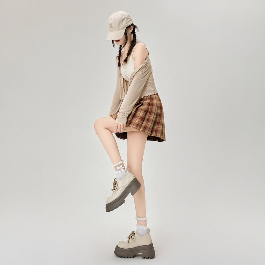 High Rise Plaid Pleated Mini A-Line Skirt