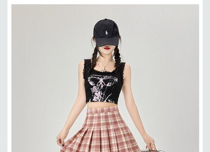 High Rise Plaid Pleated Mini A-Line Skirt