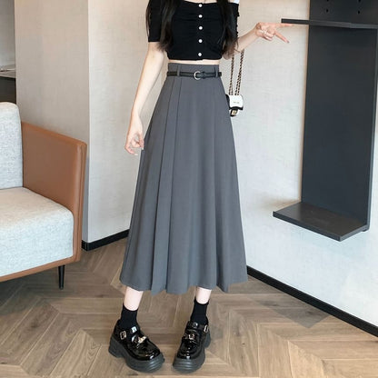 High Rise Plain Pleated Midi A-Line Skirt