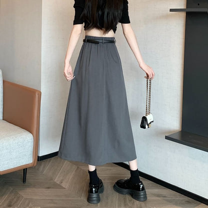 High Rise Plain Pleated Midi A-Line Skirt