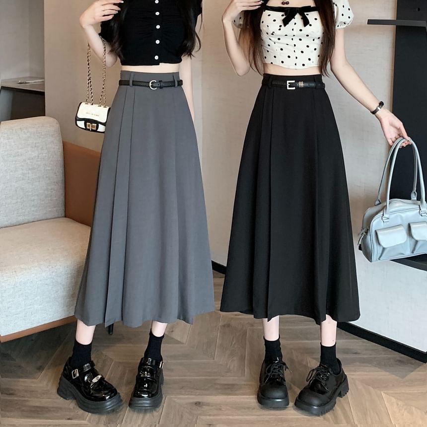 High Rise Plain Pleated Midi A-Line Skirt