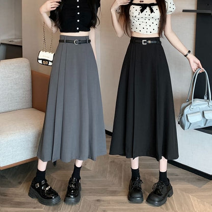 High Rise Plain Pleated Midi A-Line Skirt