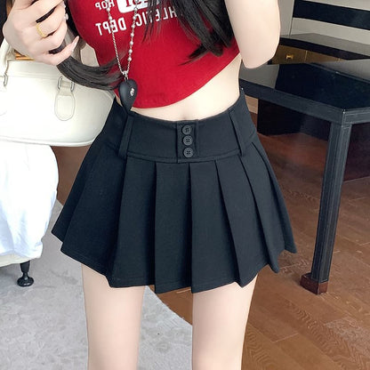 High Waist Plain Pleated Mini A-Line Skort
