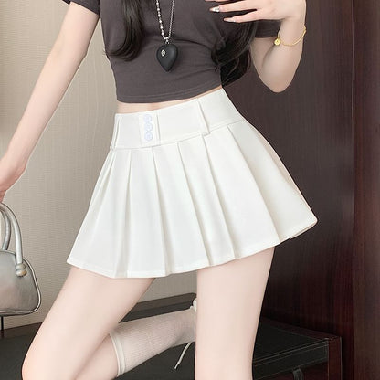 High Waist Plain Pleated Mini A-Line Skort