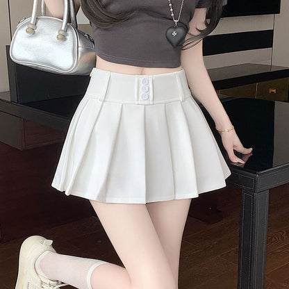 High Waist Plain Pleated Mini A-Line Skort