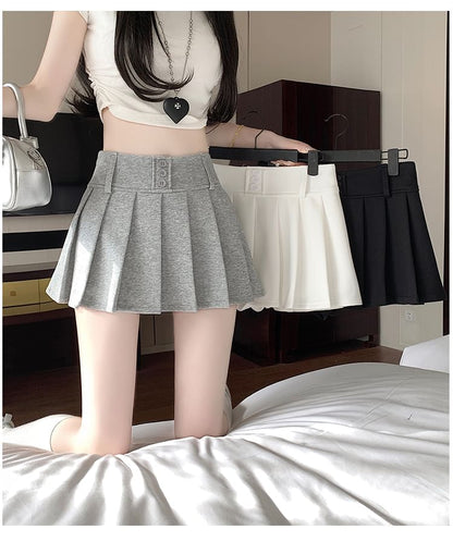 High Waist Plain Pleated Mini A-Line Skort