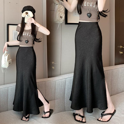 High Rise Plain Slit Satin Maxi Fishtail Skirt