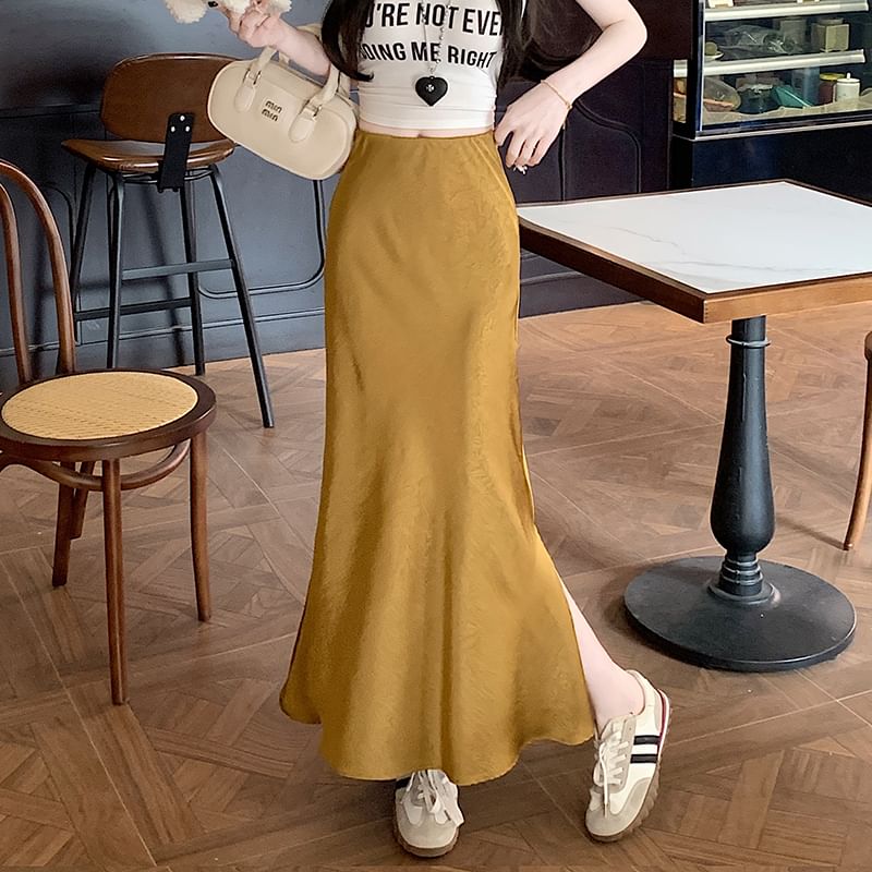 High Rise Plain Slit Satin Maxi Fishtail Skirt