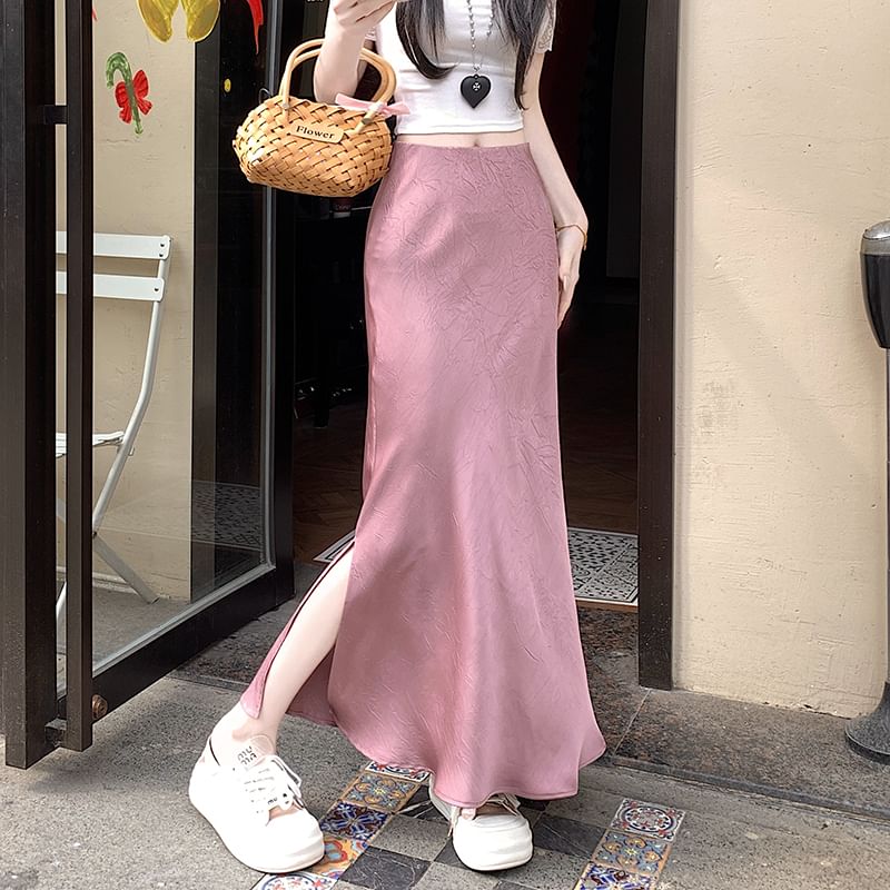 High Rise Plain Slit Satin Maxi Fishtail Skirt