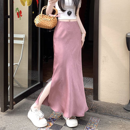 High Rise Plain Slit Satin Maxi Fishtail Skirt