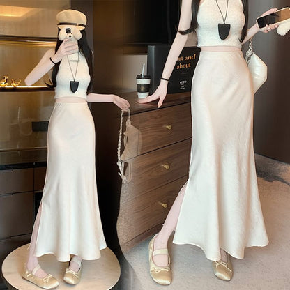 High Rise Plain Slit Satin Maxi Fishtail Skirt