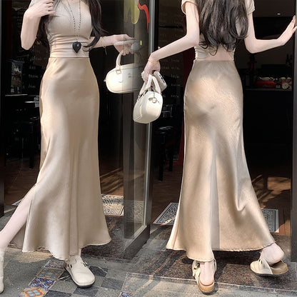 High Rise Plain Slit Satin Maxi Fishtail Skirt