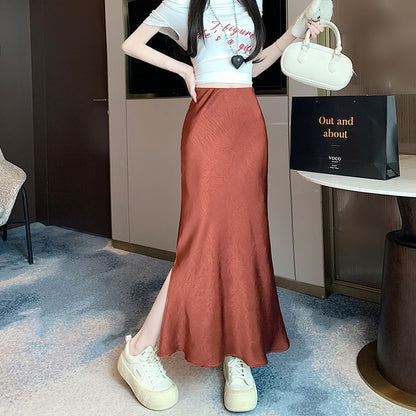 High Rise Plain Slit Satin Maxi Fishtail Skirt