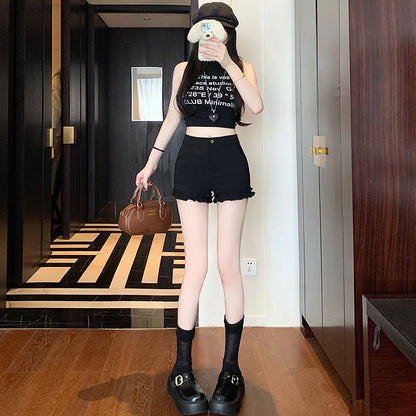 High Waist Plain Frill Trim Hot Pants