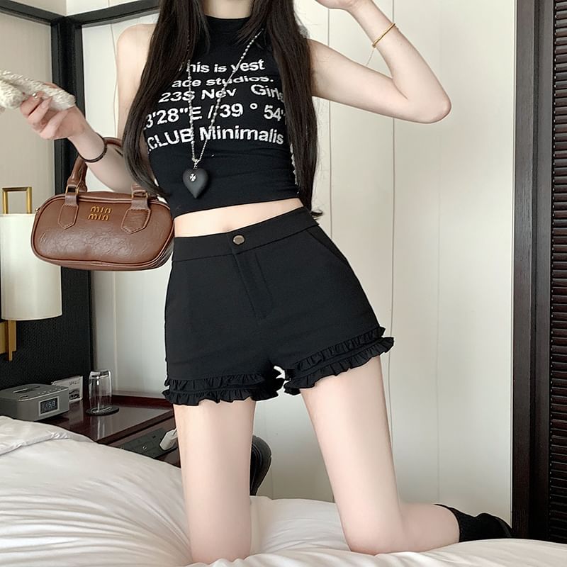 High Waist Plain Frill Trim Hot Pants