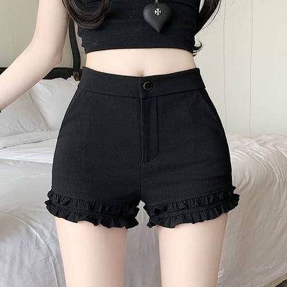 High Waist Plain Frill Trim Hot Pants