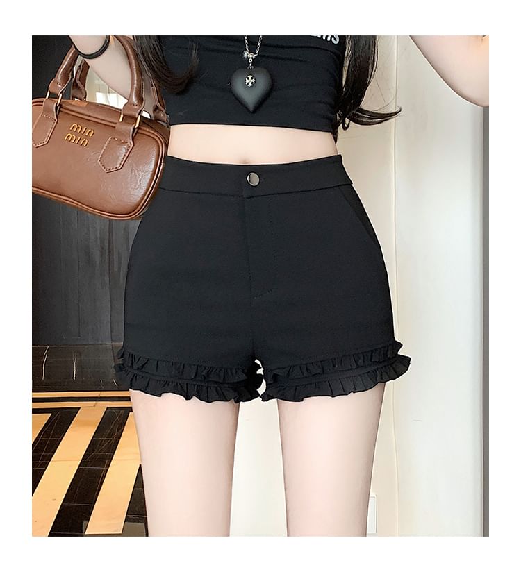 High Waist Plain Frill Trim Hot Pants