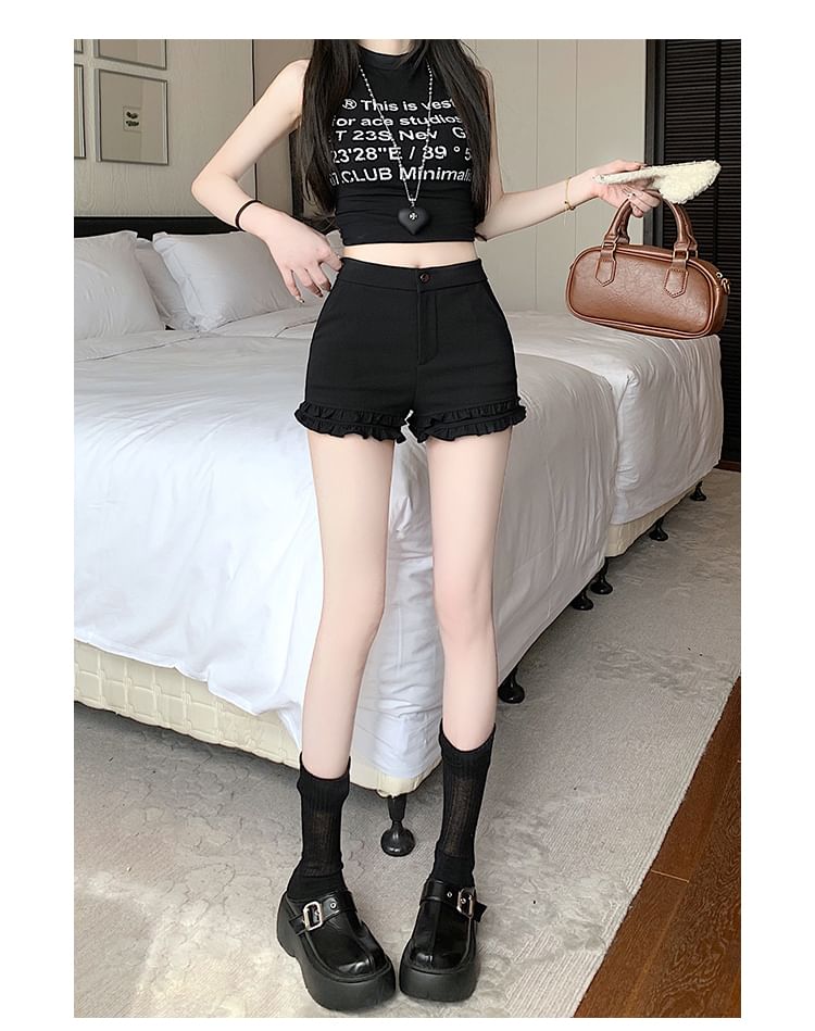 High Waist Plain Frill Trim Hot Pants