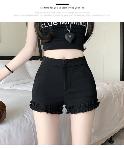 High Waist Plain Frill Trim Hot Pants