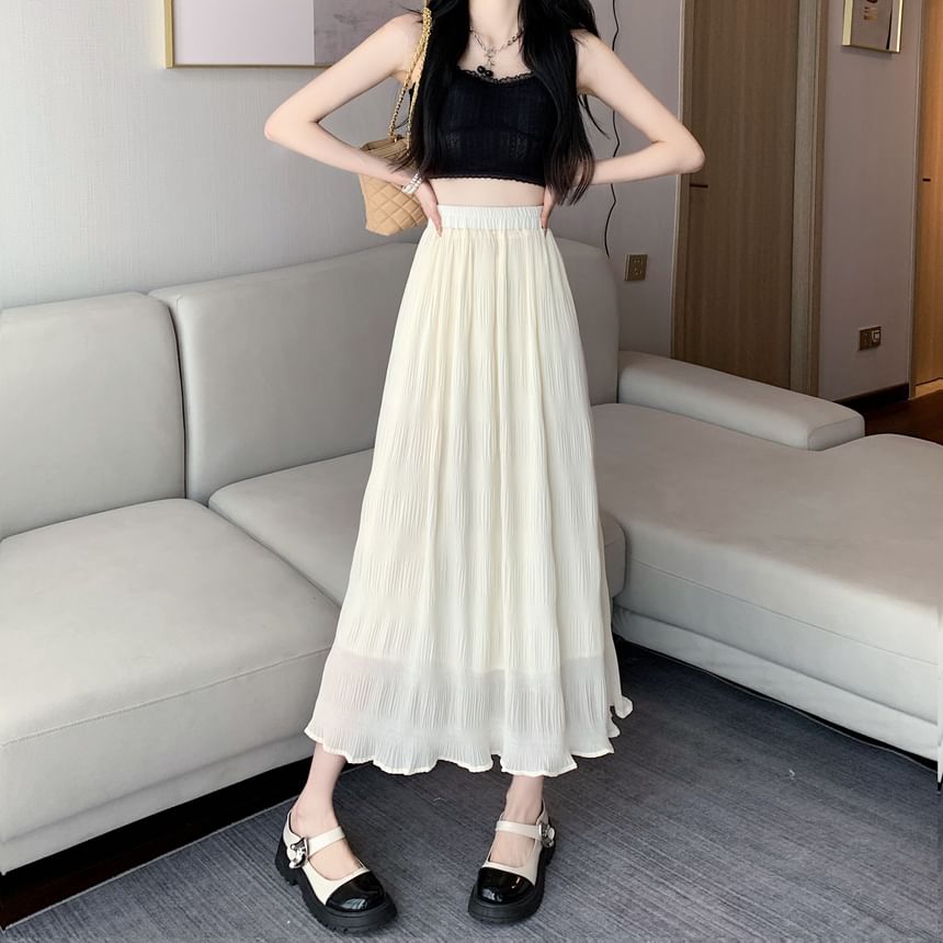 High Waist Plain Crinkle Midi A-Line Skirt