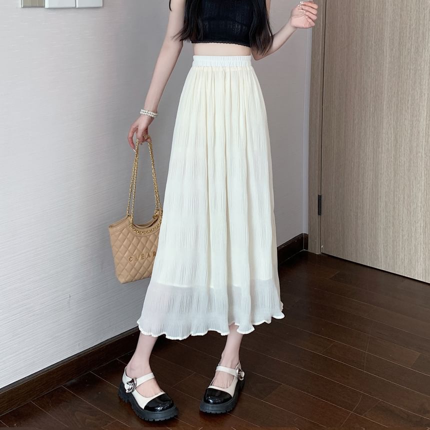 High Waist Plain Crinkle Midi A-Line Skirt
