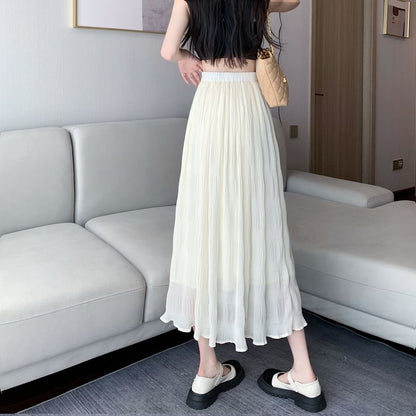 High Waist Plain Crinkle Midi A-Line Skirt