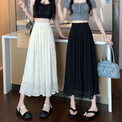 High Waist Plain Crinkle Midi A-Line Skirt