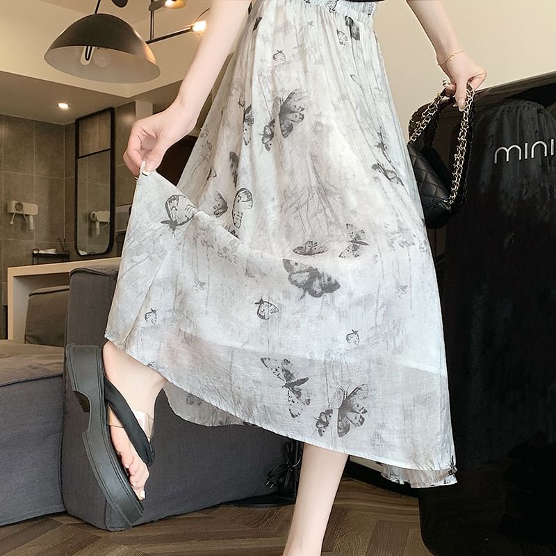 High Rise Butterfly Print Midi A-Line Skirt