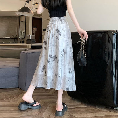 High Rise Butterfly Print Midi A-Line Skirt