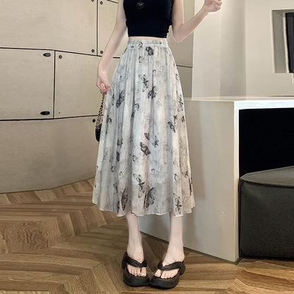 High Rise Butterfly Print Midi A-Line Skirt