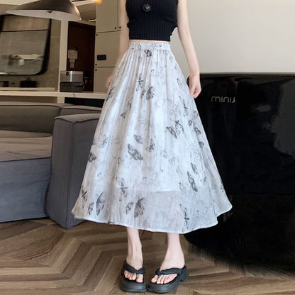 High Rise Butterfly Print Midi A-Line Skirt