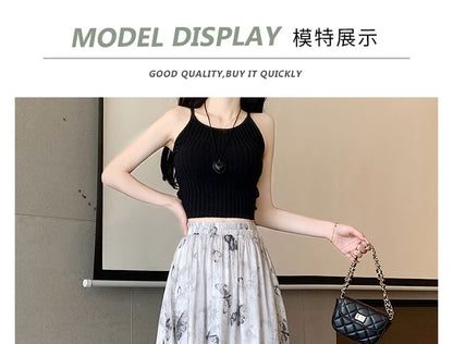 High Rise Butterfly Print Midi A-Line Skirt