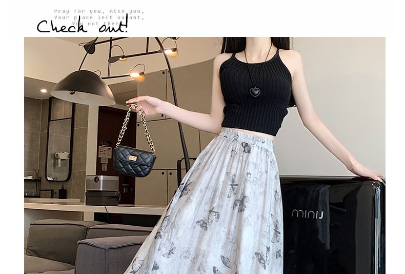 High Rise Butterfly Print Midi A-Line Skirt