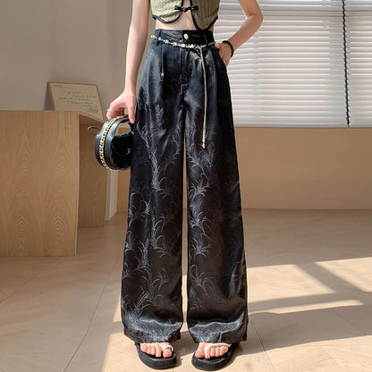High Waist Jacquard Satin Wide Leg Pants