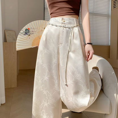 High Waist Jacquard Satin Wide Leg Pants