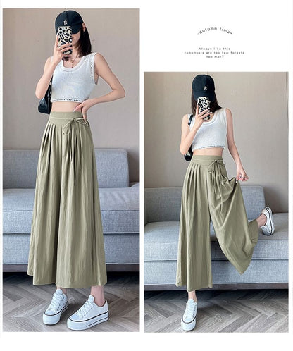 High Waist Plain Pleated Cropped Culottes