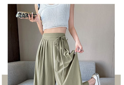 High Waist Plain Pleated Cropped Culottes