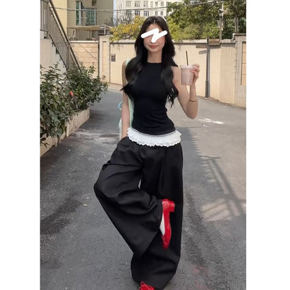 High Waist Lace Panel Wide Leg Dress Pants (Various Designs)