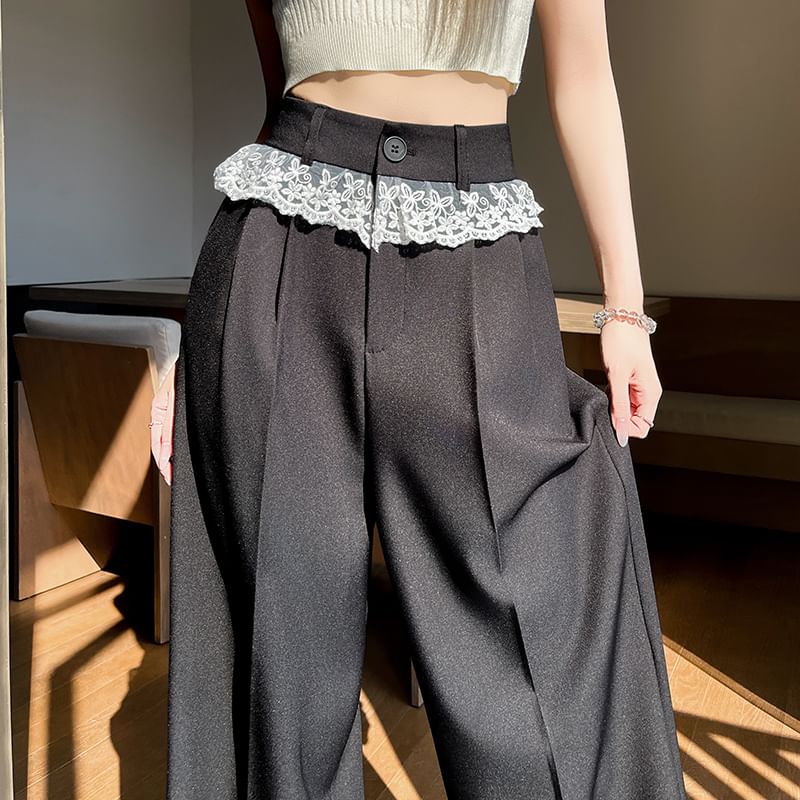 High Waist Lace Panel Wide Leg Dress Pants (Various Designs)