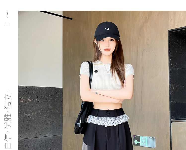 High Waist Lace Panel Wide Leg Dress Pants (Various Designs)