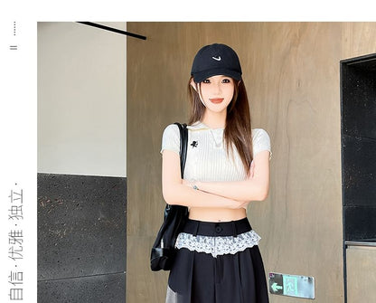 High Waist Lace Panel Wide Leg Dress Pants (Various Designs)