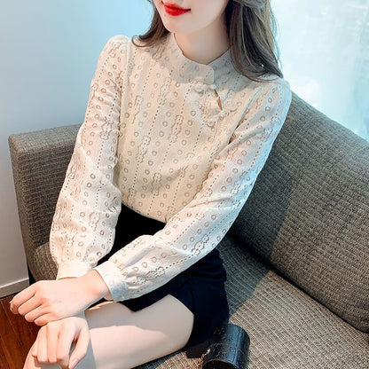 Stand Collar Lace Blouse - Frog Closure Long Sleeve