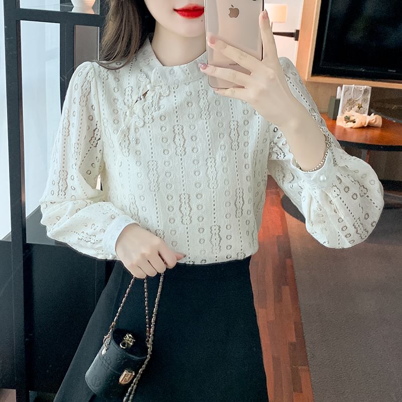 Stand Collar Lace Blouse - Frog Closure Long Sleeve