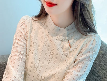 Stand Collar Lace Blouse - Frog Closure Long Sleeve