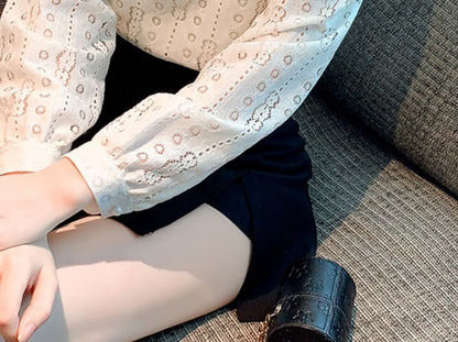 Stand Collar Lace Blouse - Frog Closure Long Sleeve