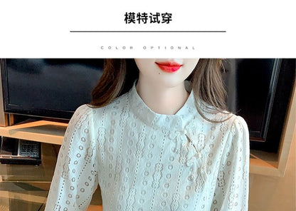 Stand Collar Lace Blouse - Frog Closure Long Sleeve