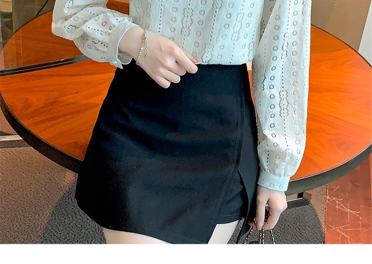 Stand Collar Lace Blouse - Frog Closure Long Sleeve