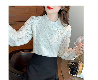 Stand Collar Lace Blouse - Frog Closure Long Sleeve